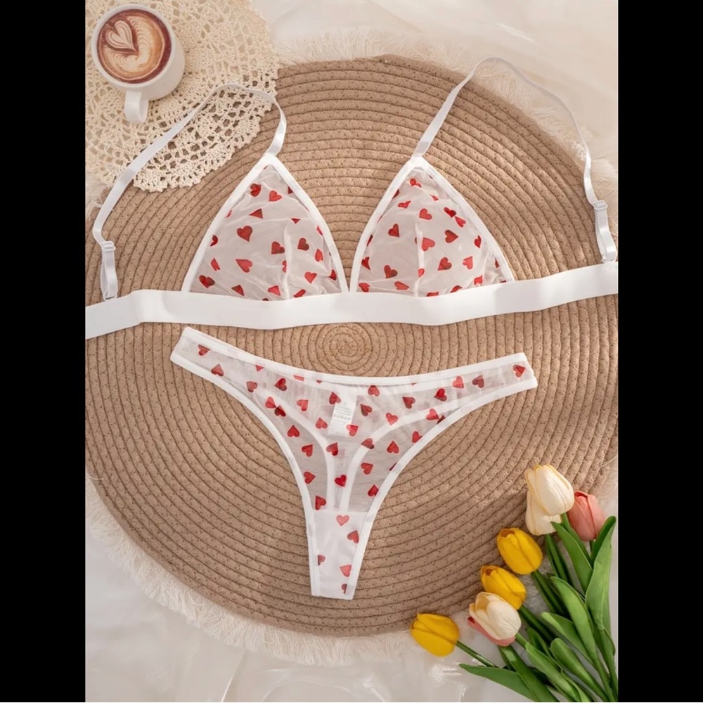 White & Red, Heart Print, Sheer, Lingerie Set